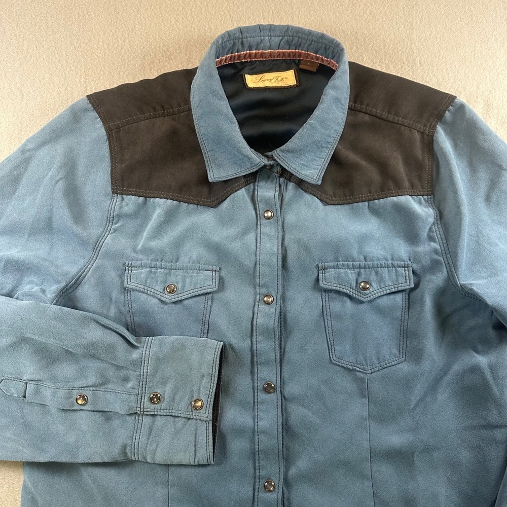 Legacy Falls Womens Western Snap Shirt Teal Blue Brown Yoke Sueded Large 2640010